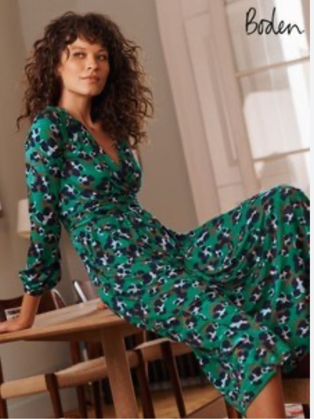 Boden Green Floral Faux Wrap Style Midi Dress, Size 2P, EUC